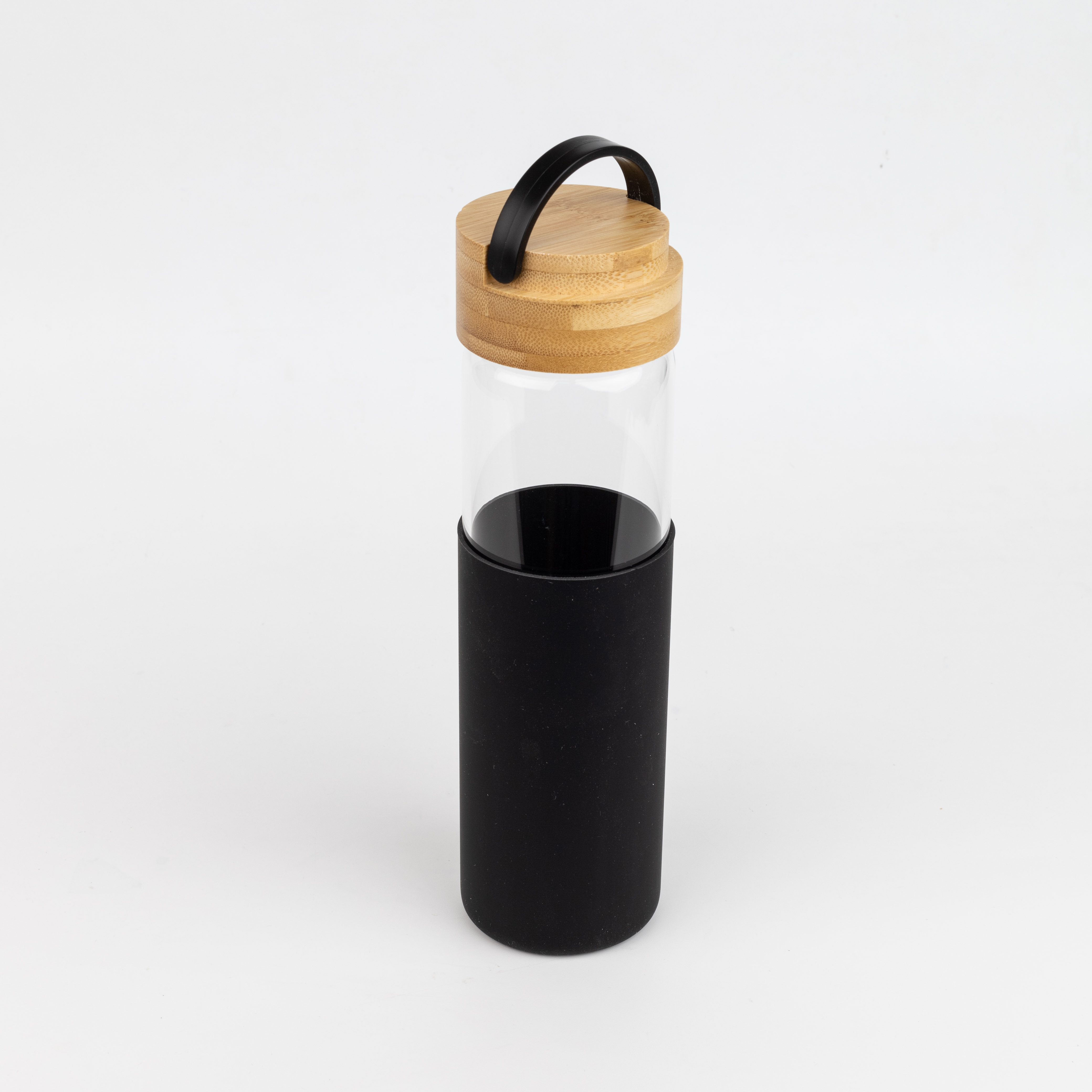 Бутылка стеклянная с силиконовой манжетой и бамбуковой крышкой Glass, черная (Фото)