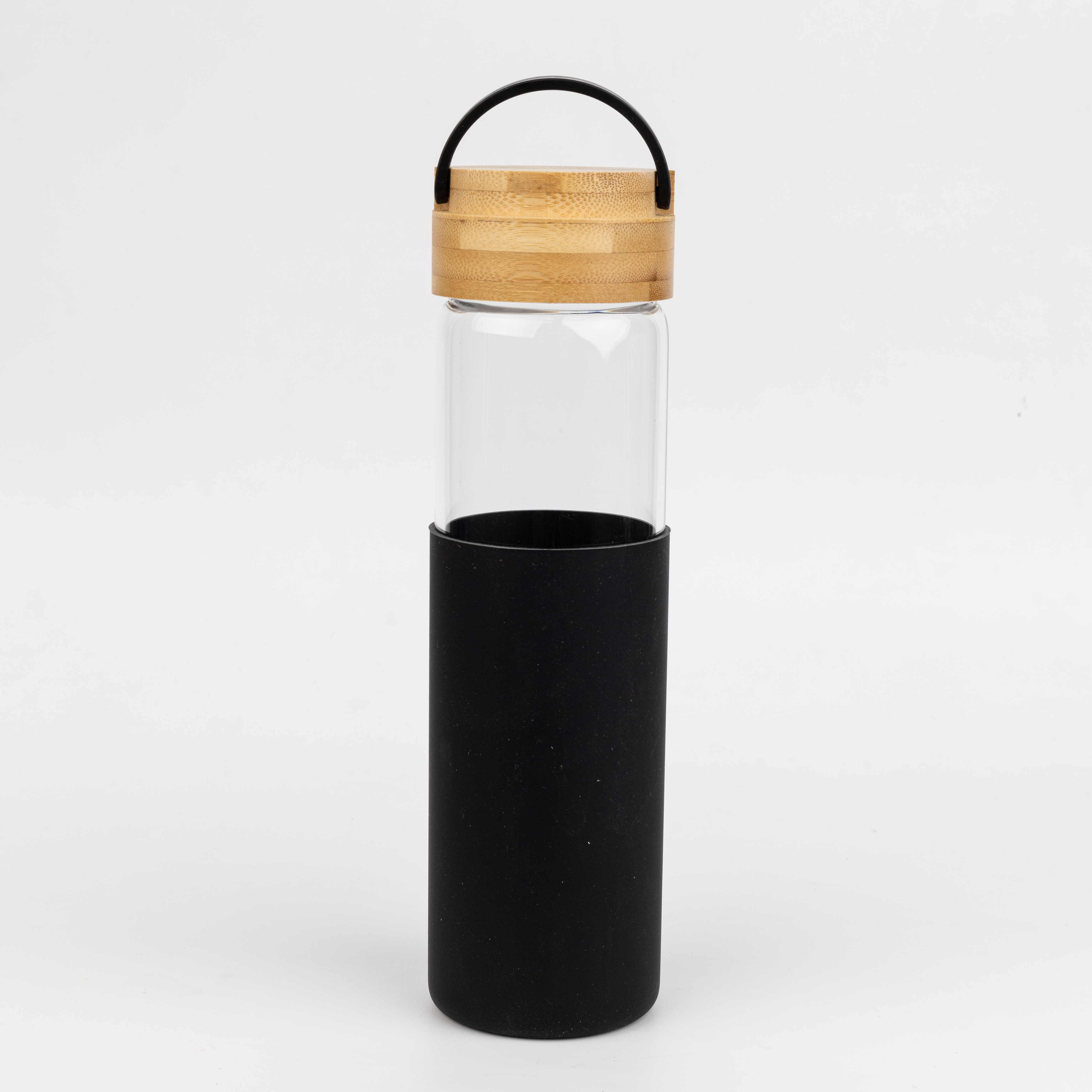 Бутылка стеклянная с силиконовой манжетой и бамбуковой крышкой Glass, черная (Фото)