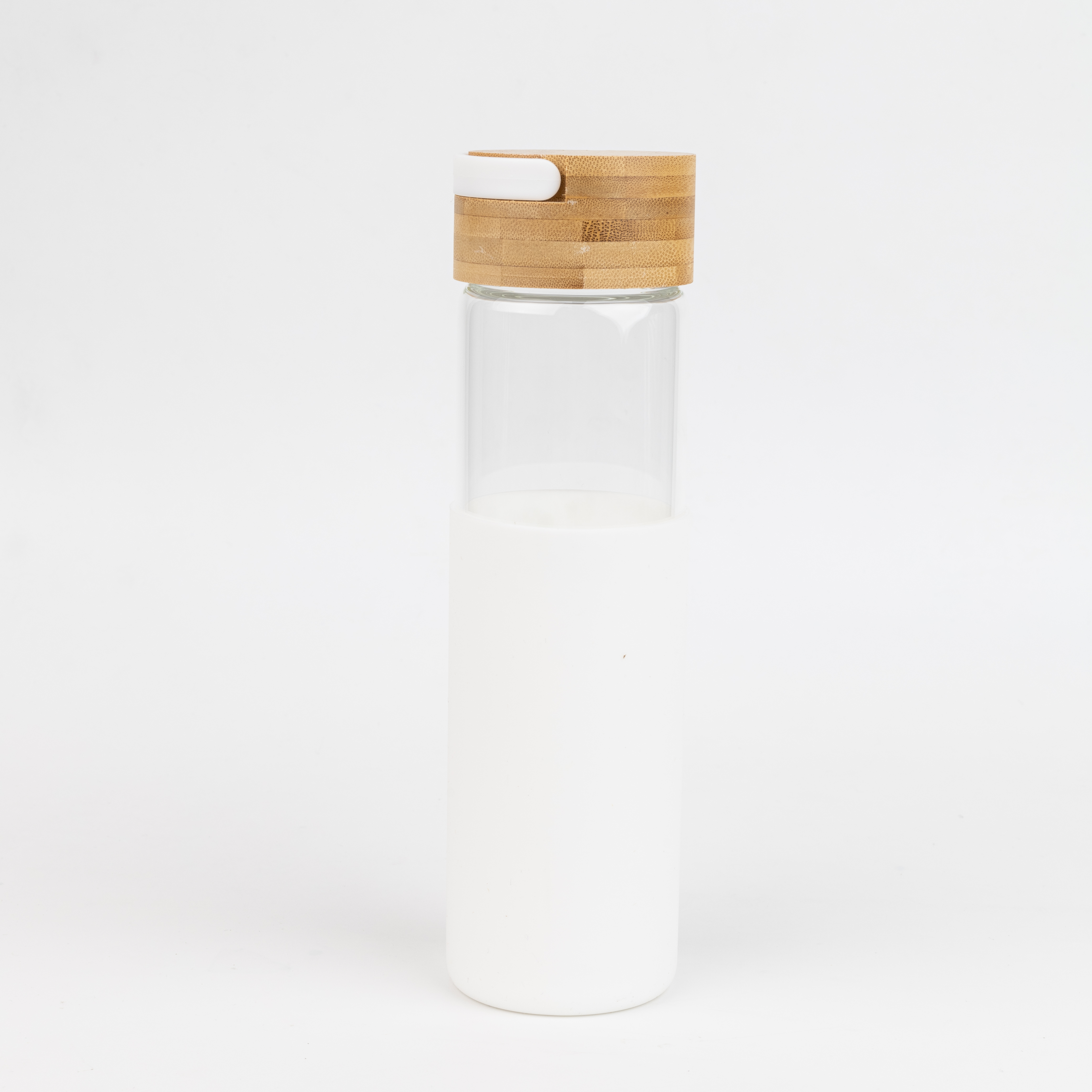 Бутылка стеклянная с силиконовой манжетой и бамбуковой крышкой Glass, белая (Фото)