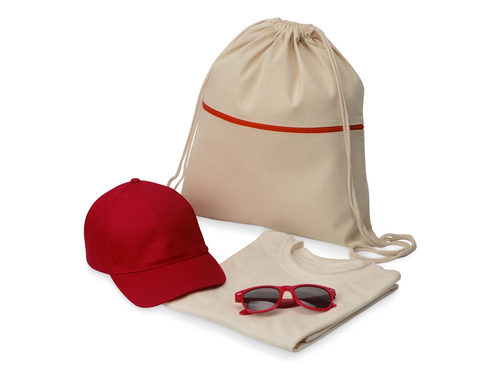 рюкзак- натуральный/красный, футболка- натуральный, бейсболка- красный, очки- красный XL 12шт