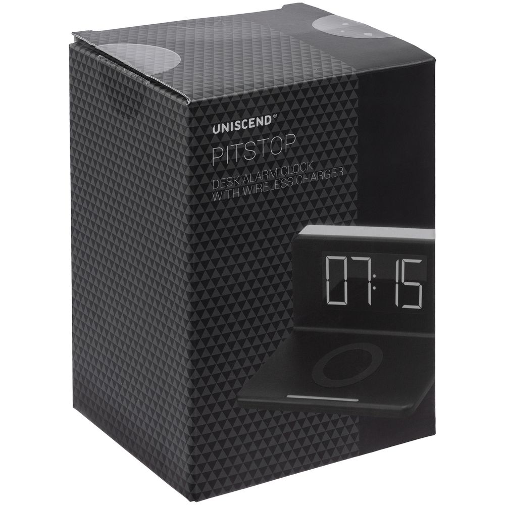 Часы настольные с беспроводным зарядным устройством Pitstop, черные (Миниатюра (упак) (1000))