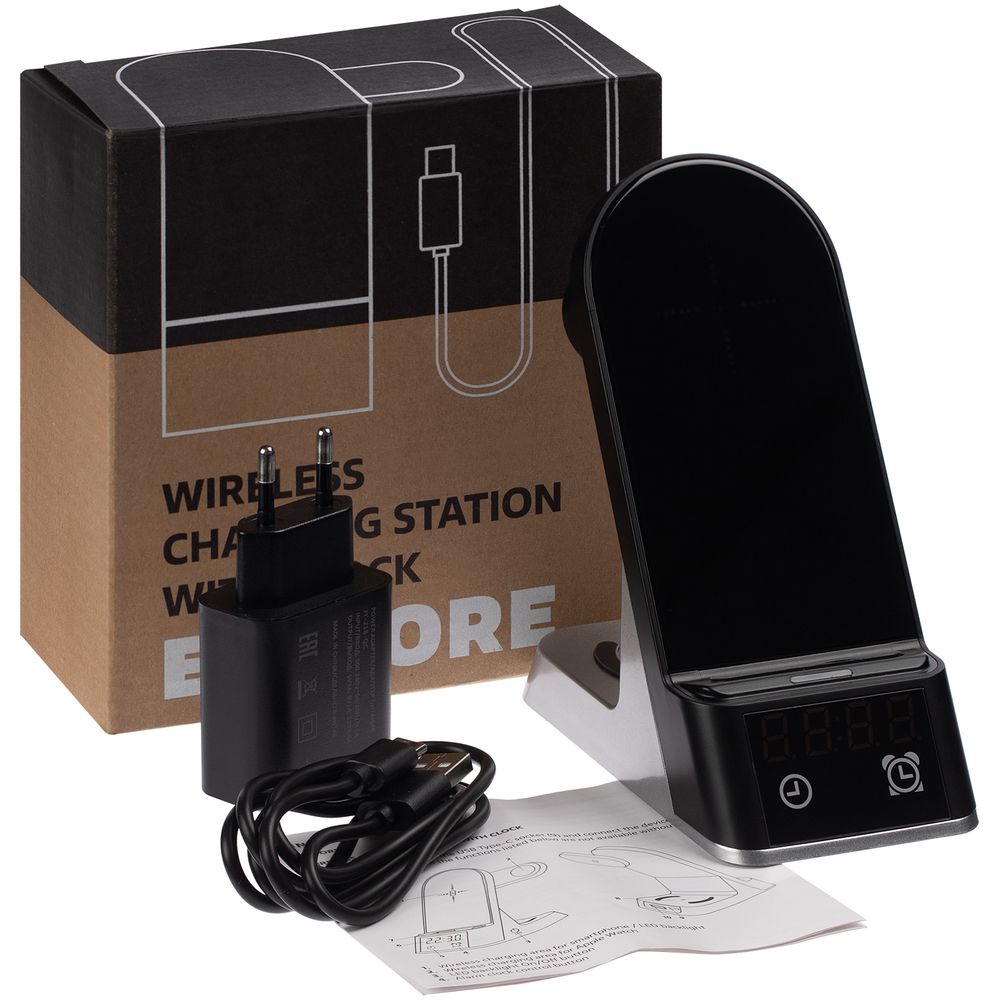 Зарядная станция c часами E-Store для смартфона, часов и наушников, черная (Миниатюра WWW (1000))
