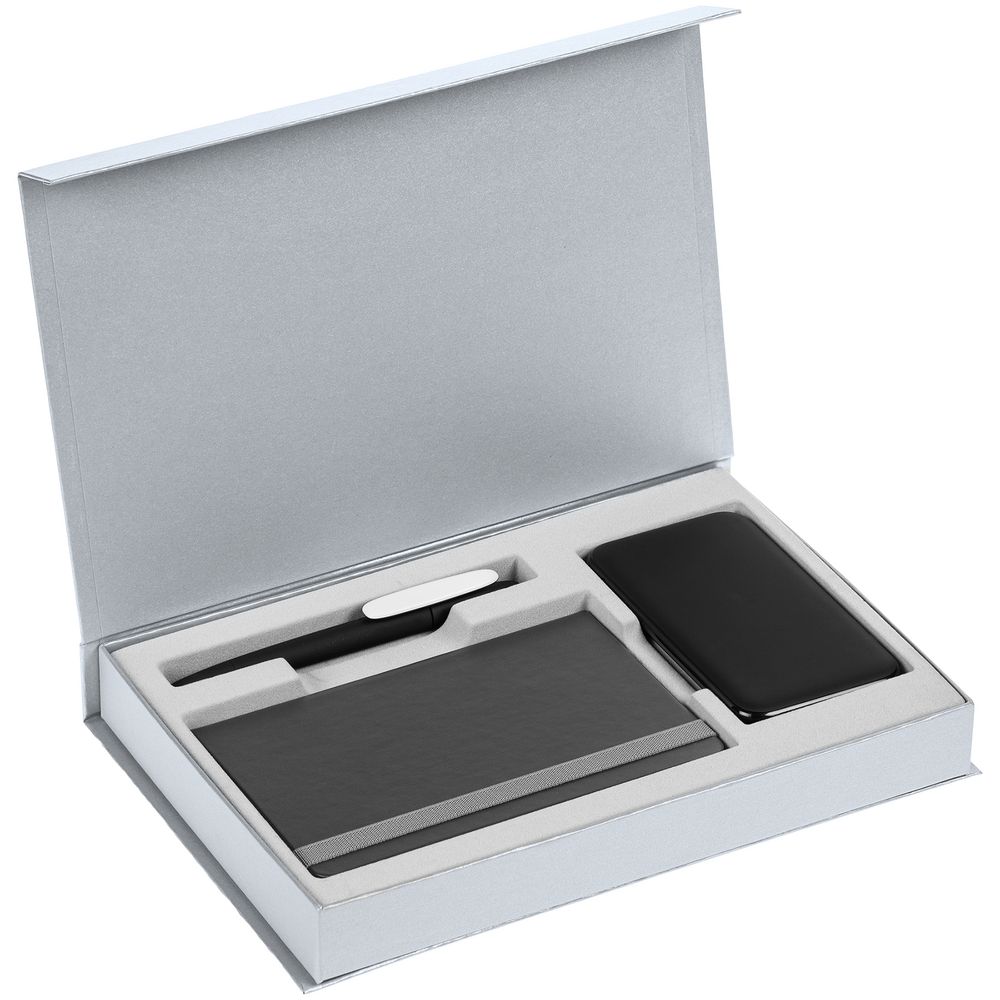 Коробка Silk с ложементом под ежедневник 10x16 см, аккумулятор и ручку, серебристая (Миниатюра WWW (1000))