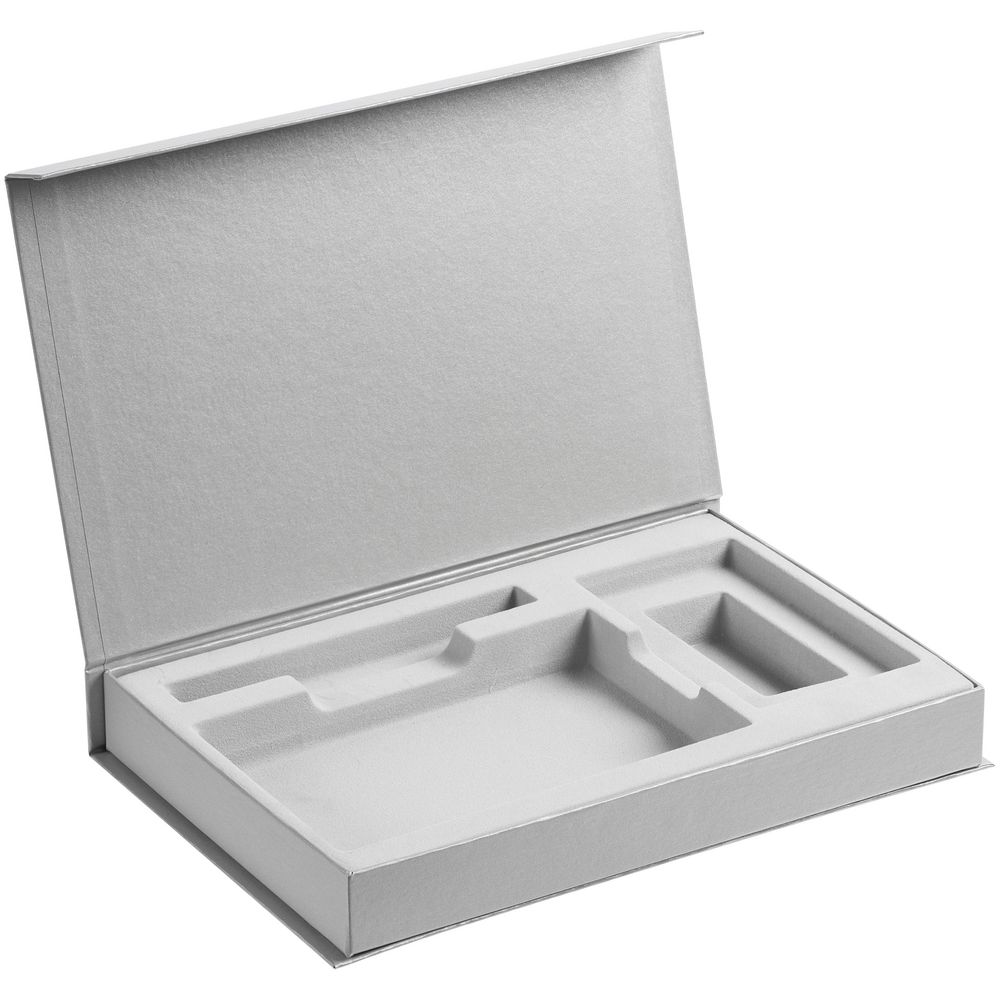 Коробка Silk с ложементом под ежедневник 10x16 см, аккумулятор и ручку, серебристая (Миниатюра WWW (1000))