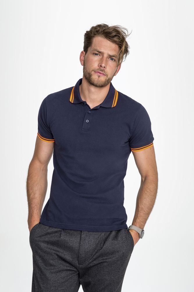 Рубашка поло мужская Pasadena Men 200 с контрастной отделкой, серый меланж c оранжевым (Миниатюра WWW (1000))