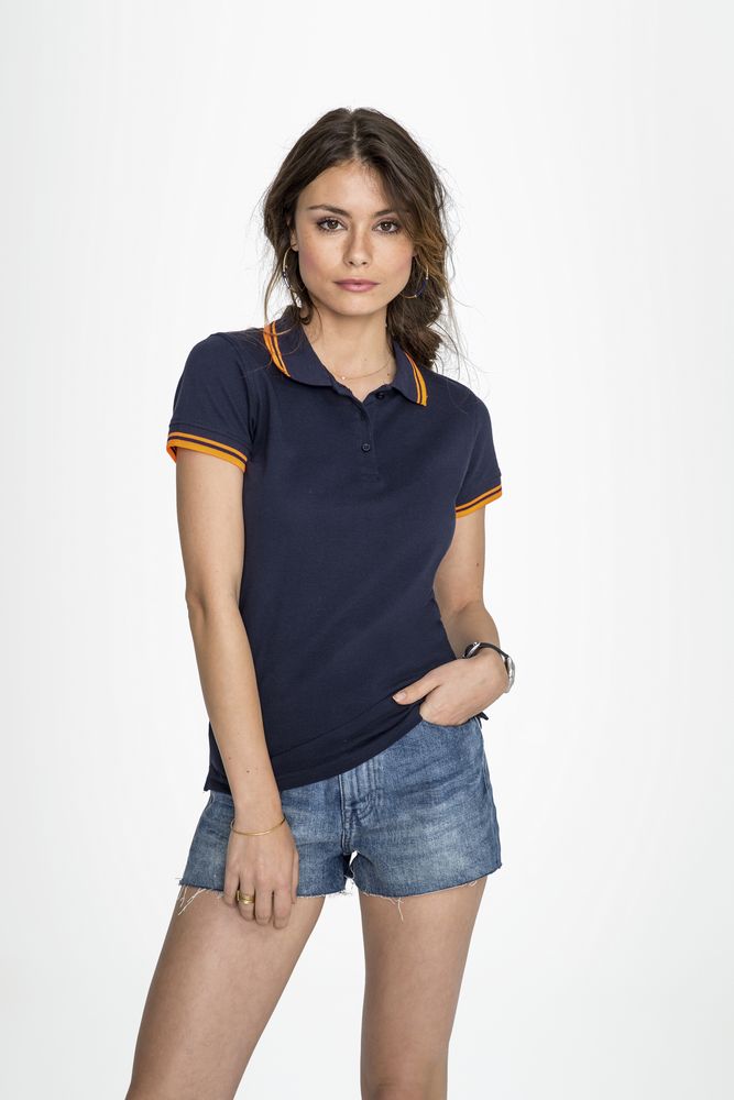 Рубашка поло женская Pasadena Women 200 с контрастной отделкой, серый меланж c оранжевым (Миниатюра WWW (1000))
