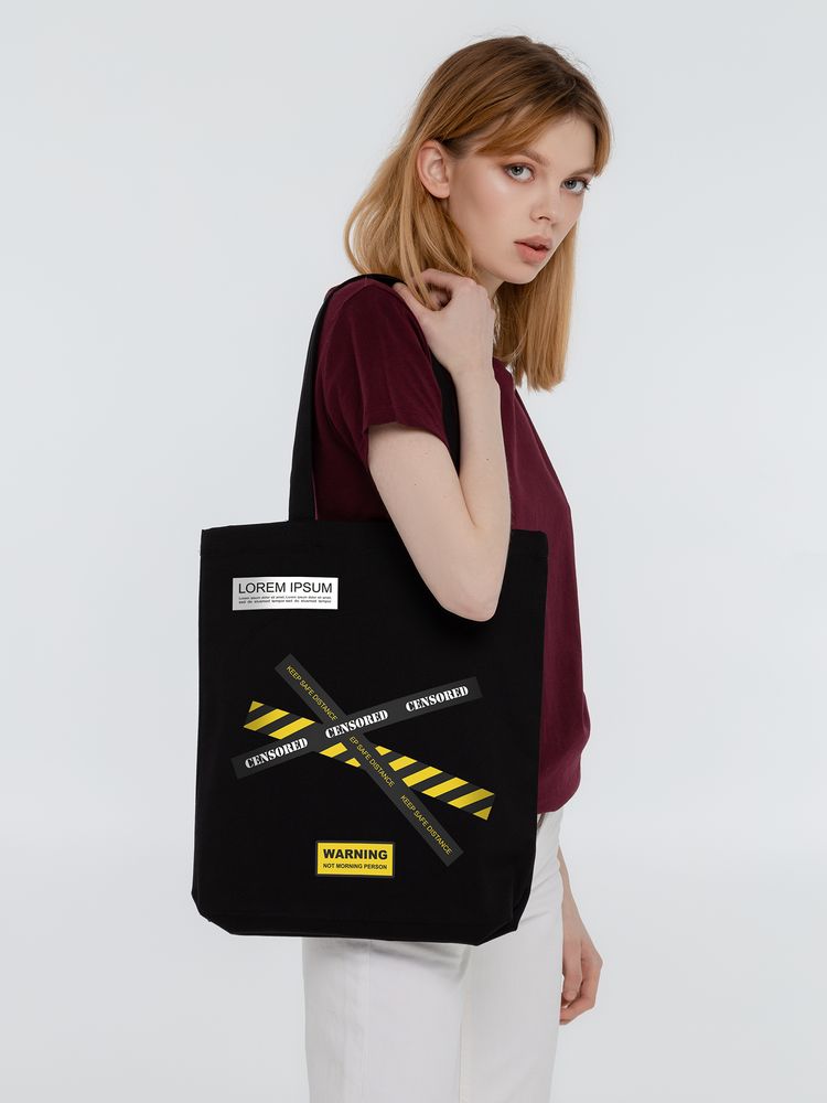Холщовая сумка с термонаклейками Cautions, черная (Миниатюра WWW (1000))